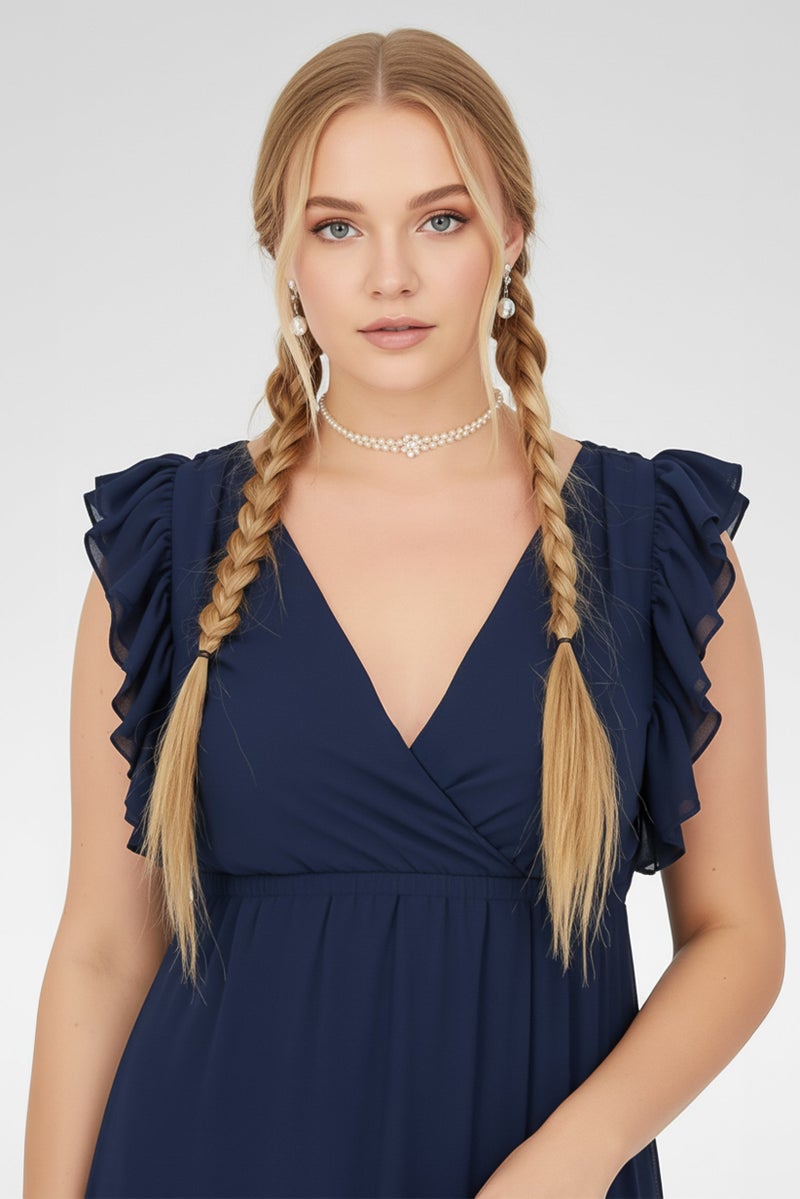 TWINSET Women Solid Ruffle Sleeve Maxi Dress, Navy - Image 2